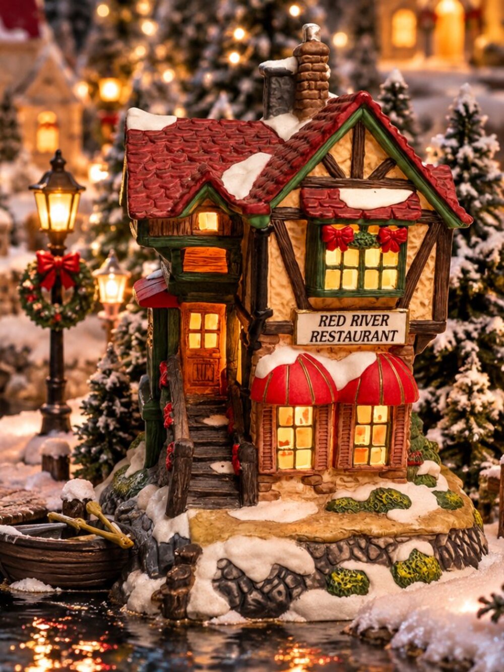 Porcelain Red River Restaurant Lighted Christmas Village Building 8